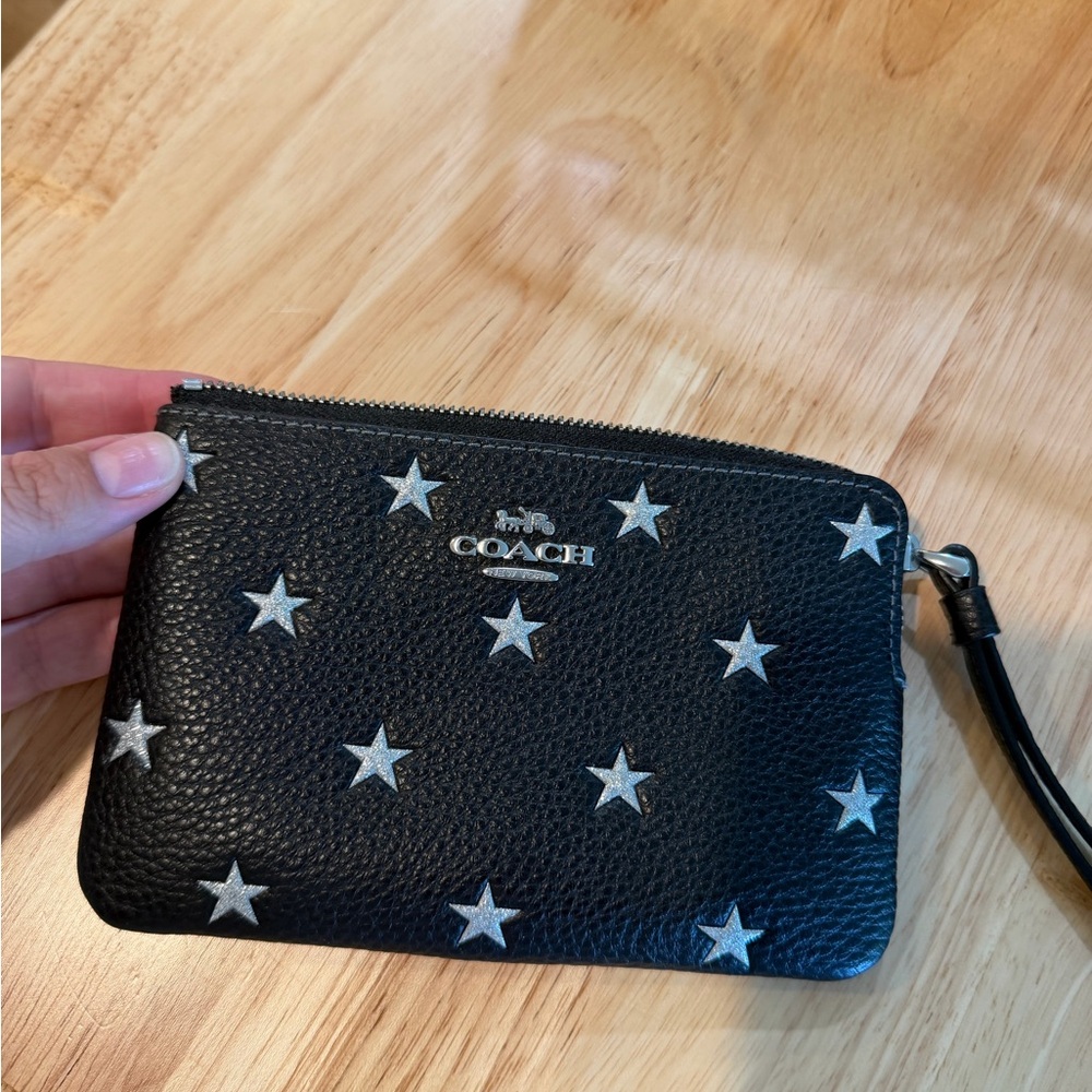 Coach Black pebbled Leather Star Wristlet Pouch with Silver Stars